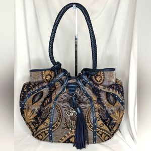 VINTAGE SHARIF NEW YORK TAPESTRY & LEATHER HOBO/BUCKET BAG